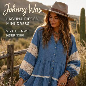 Johnny Was Laguna Pieced Mini Dress Blue Lace Boho Size L NWT